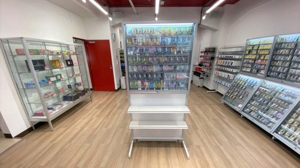 The first floor sells singles of the latest cards. 