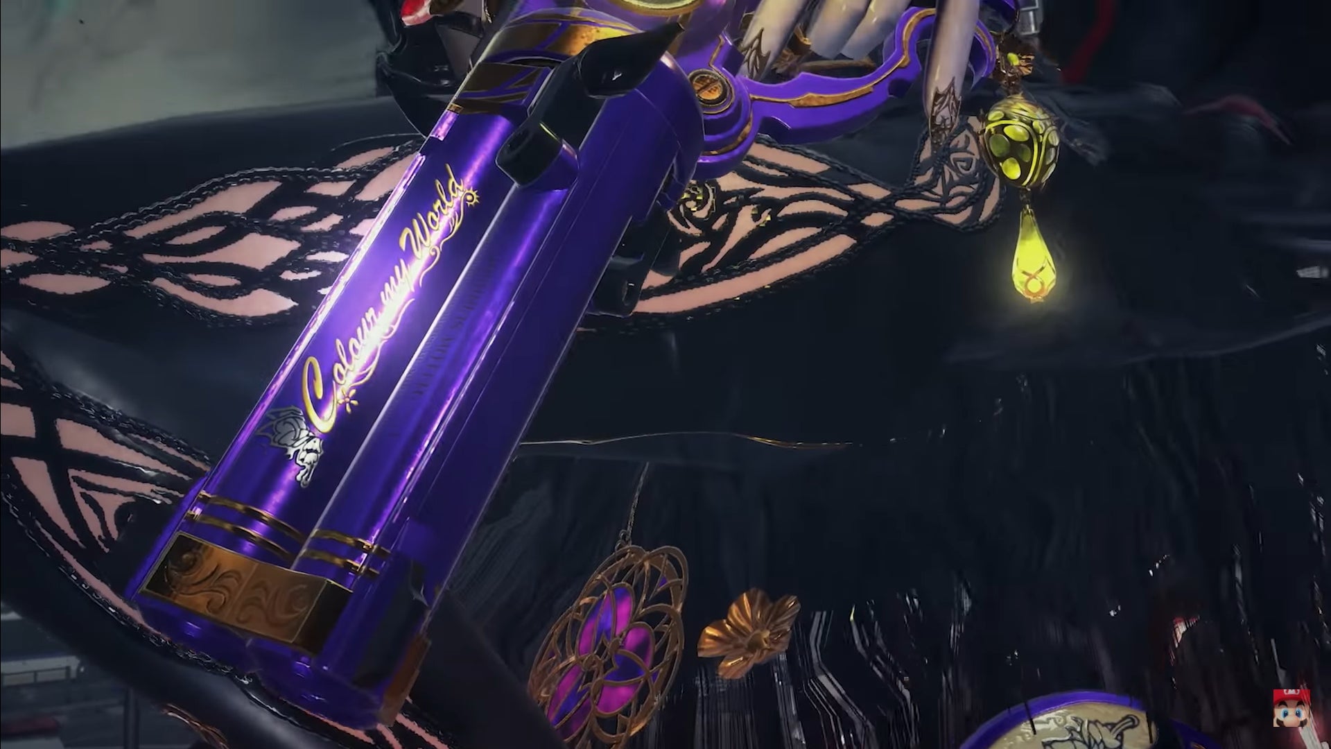 Bayonetta stays strapped and always keeps that thing on her. Whether it be her in hands or on her feet. 