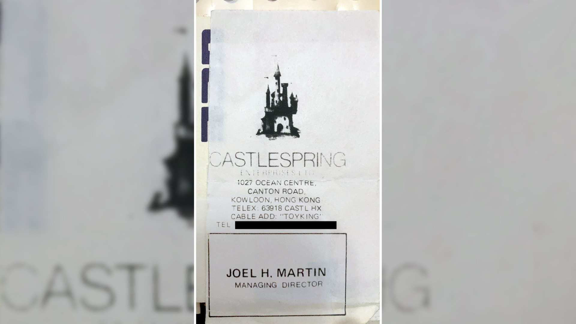 A business card given to Leonard Herman at the 1983 WCES Mystique booth identifies Joel H. Martin as managing director of Castlespring Enterprises.