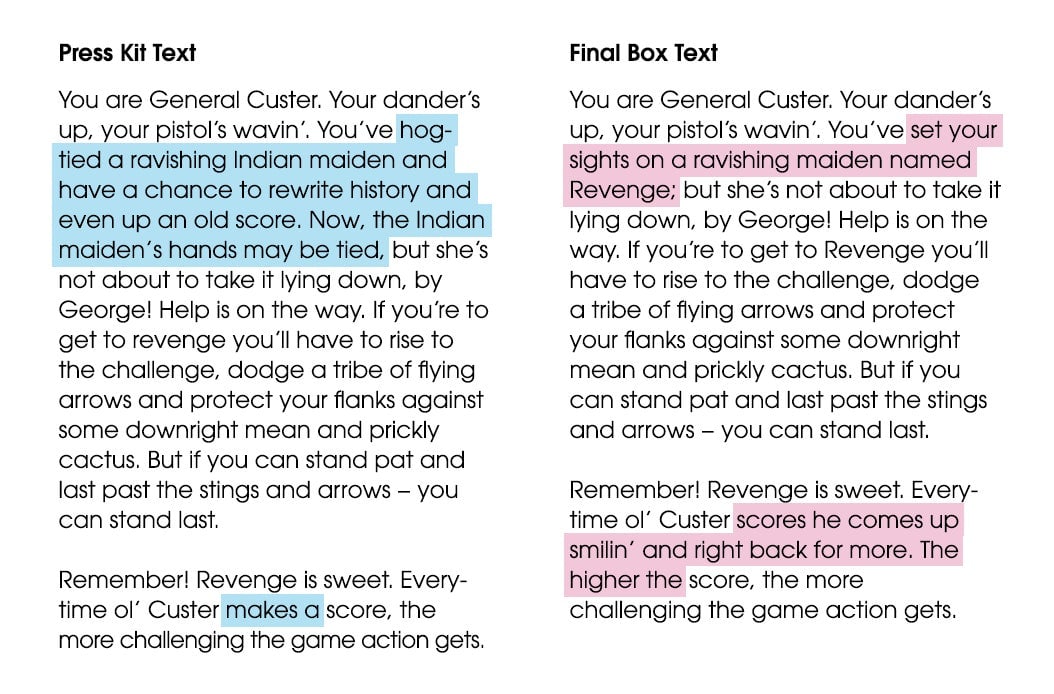 A comparison between the pre-release and retail Custerâs Revenge box copy shows telling differences.