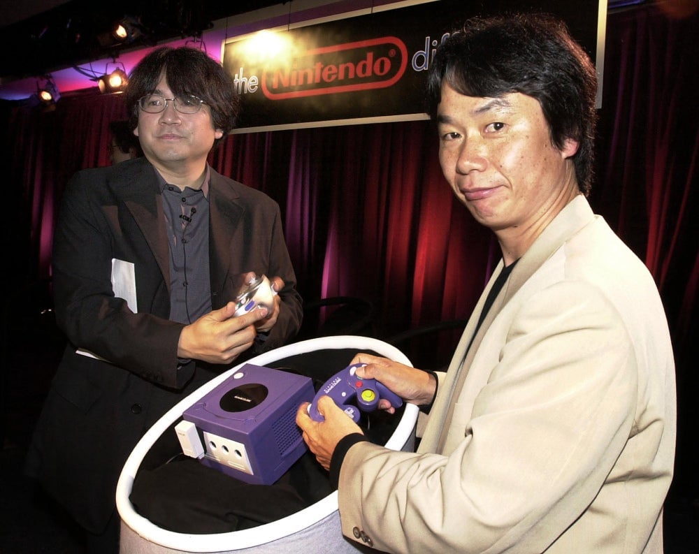 Shigeru Miyamoto and Satoru Iwata showed off the GameCube in Los Angeles in May 2001.
