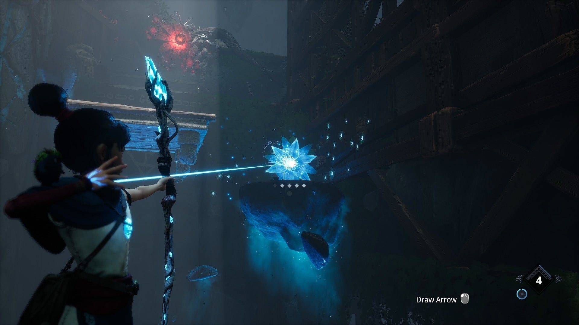 Here’s a basic puzzling sequence. By using the bombs, platforms flip and reveal other objects. In this case, it’s a flower that Kena can use as a grappling hook, letting her reach the next platform.