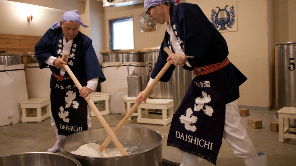 Brewers make kimoto starter at the Daishichi Sake Brewery. 