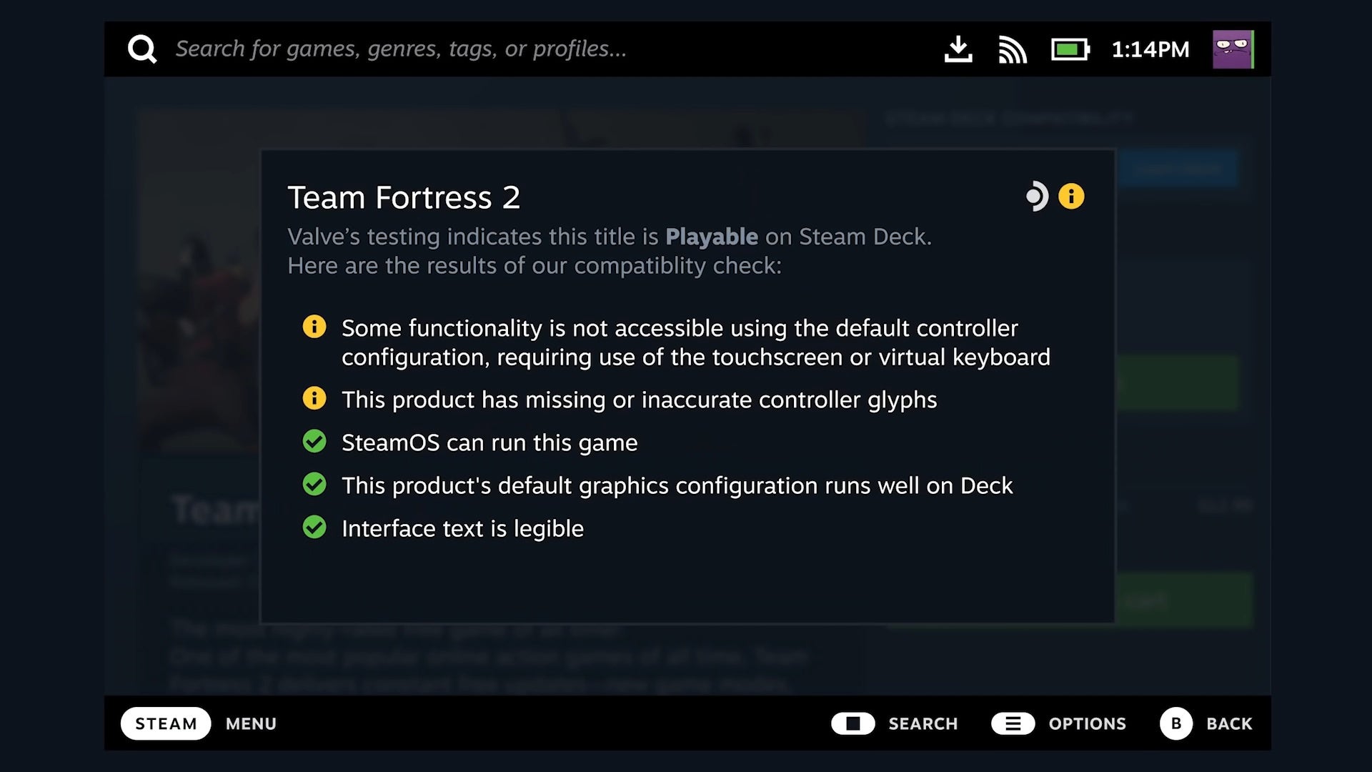 Users can click the information tab on a game to get more details on its compatibility on the Steam Deck. 