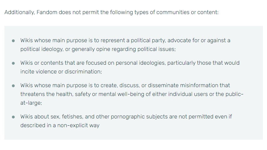 Screenshot of Fandom’s community creation policy, which was updated in October.