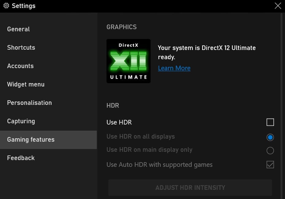 The Xbox Game Bar’s HDR settings menu (clicking “ADJUST HDR INTENSITY” brings up a slider you can move and see the effects in real-time)