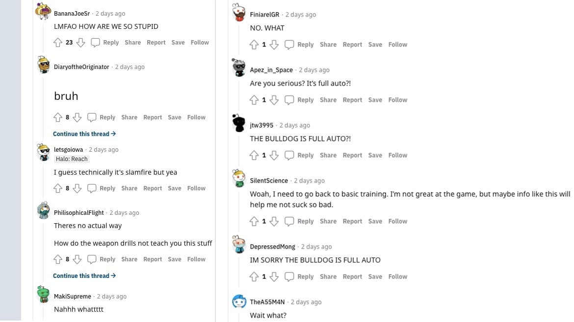 A small sampling of Halo Infinite players losing their minds over the bulldog’s auto-fire mode.