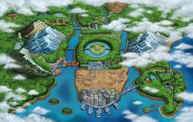 The Unova region, as seen in promotional art for Pokémon Black and White