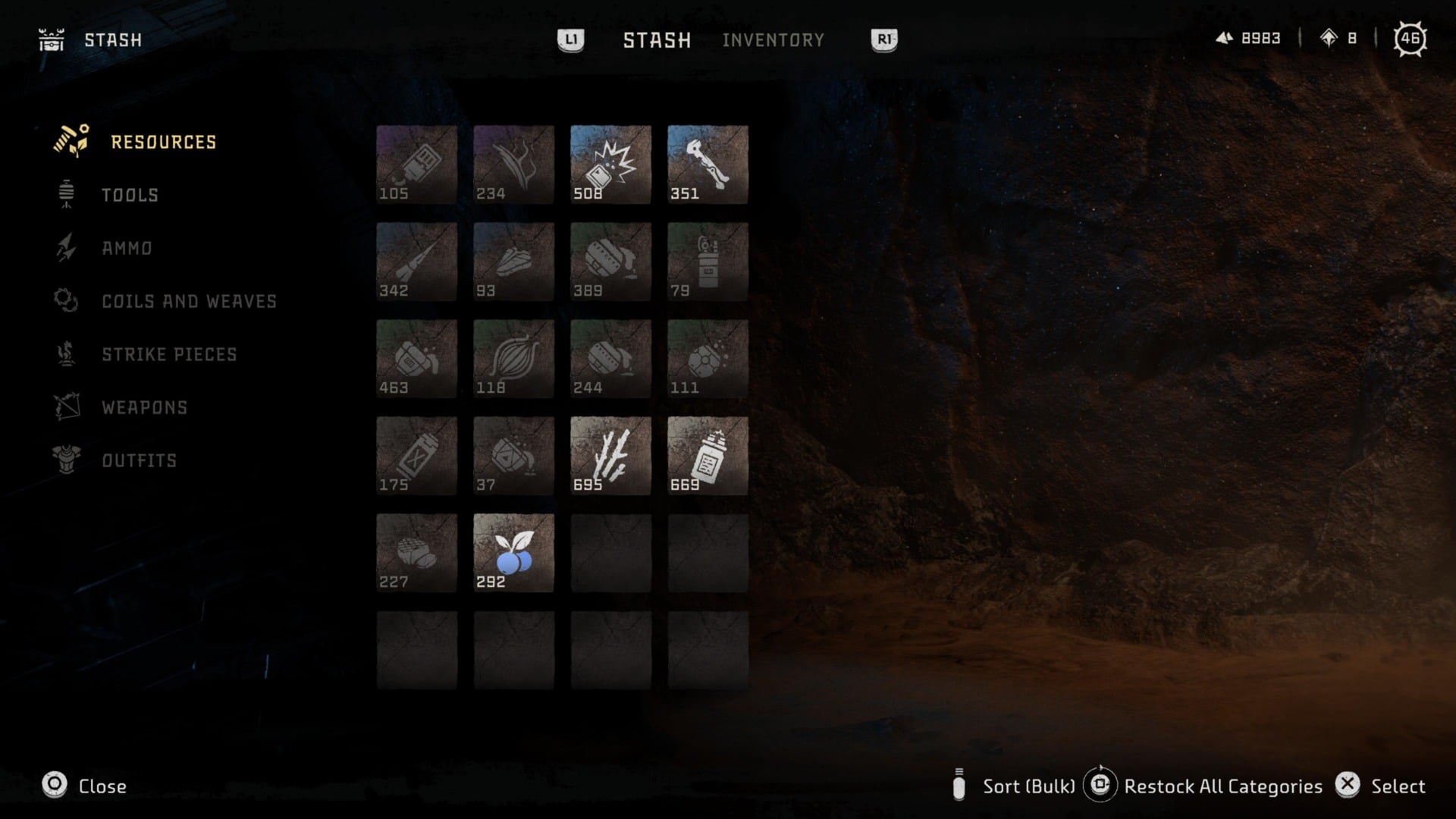 The muted squares indicate resources you’re full of The bright ones are those you could use more of.