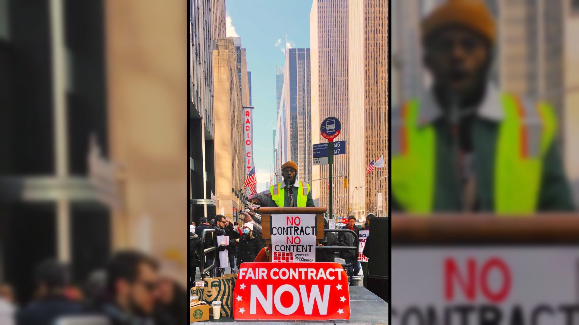 Kotaku writer Jeremy Winslow rallies the crowd in probably the most iconic photograph to come out of the strike.