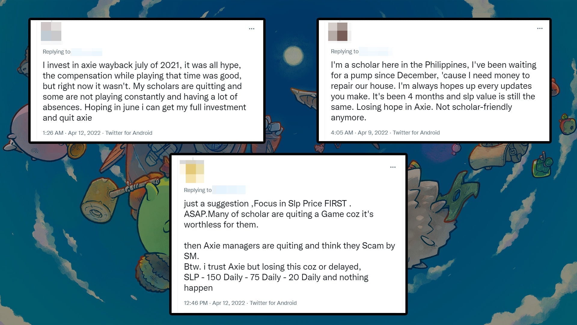 A sampling of recent Axie Infinity player tweets show rising discontent from both ‘scholars’ and ‘managers.’