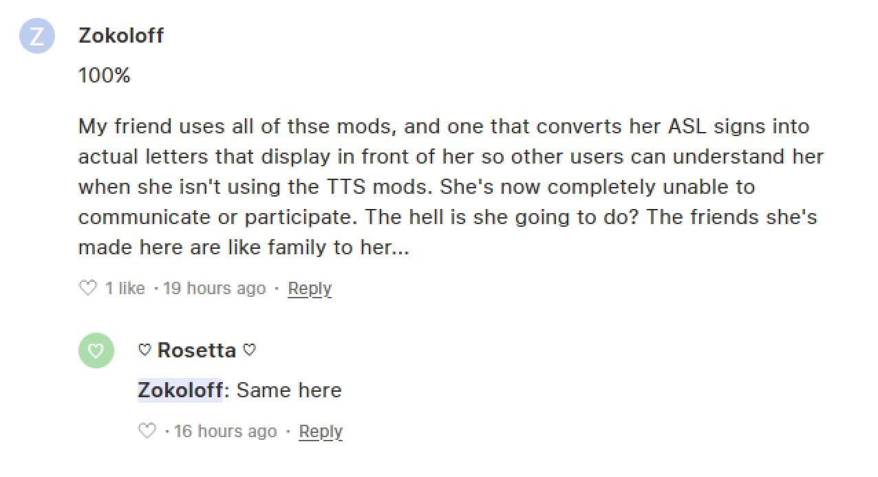 Two users share unhappy sentiments on VRChat’s feedback site.