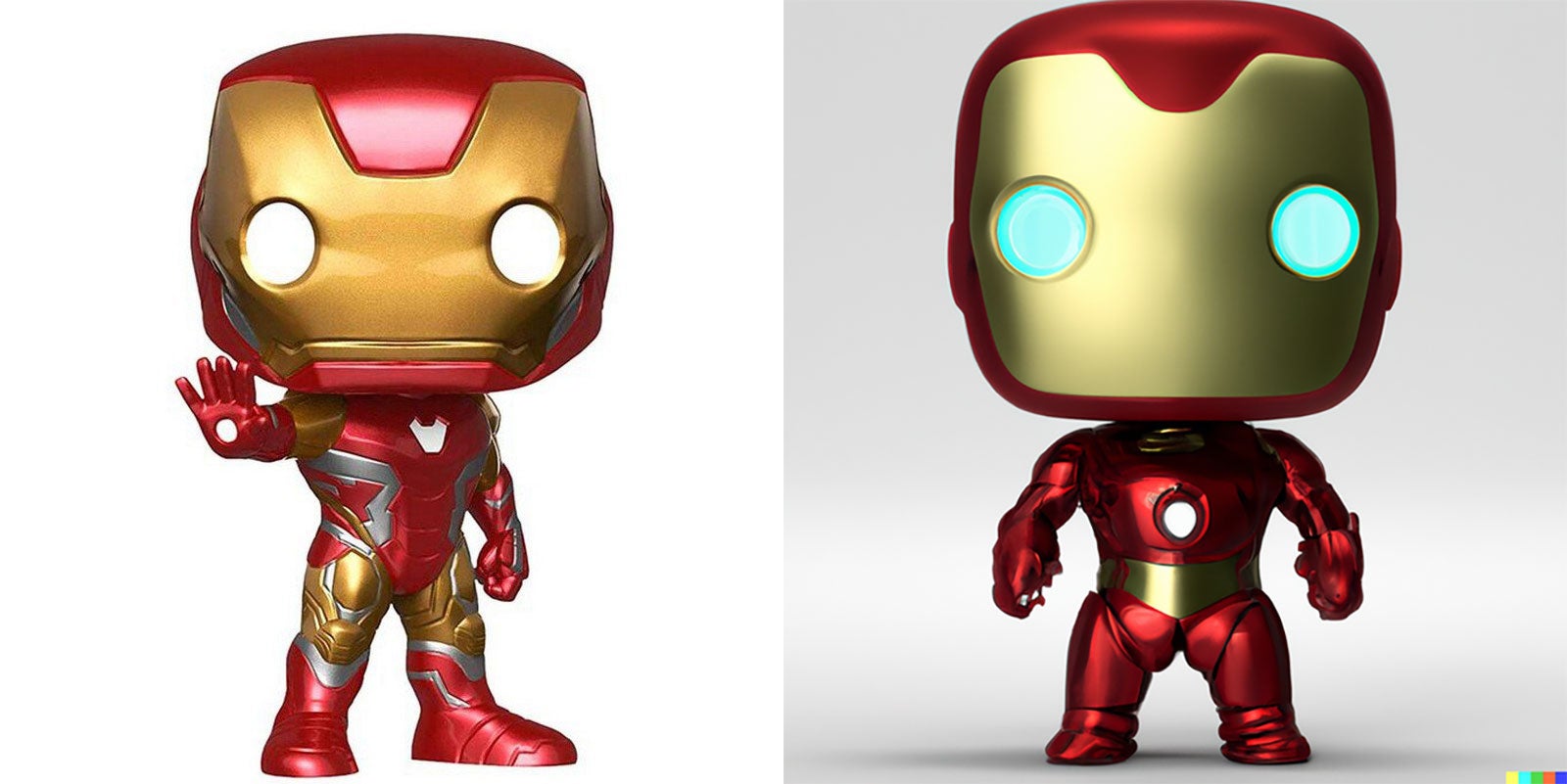On the left is an actual Iron Man Funko Pop, while on the right is an AI-generated image of a ‘Funky Pop’, part of a package of prompts currently for sale—alongside obvious Yoda and Darth Vader copies—on PromptBase