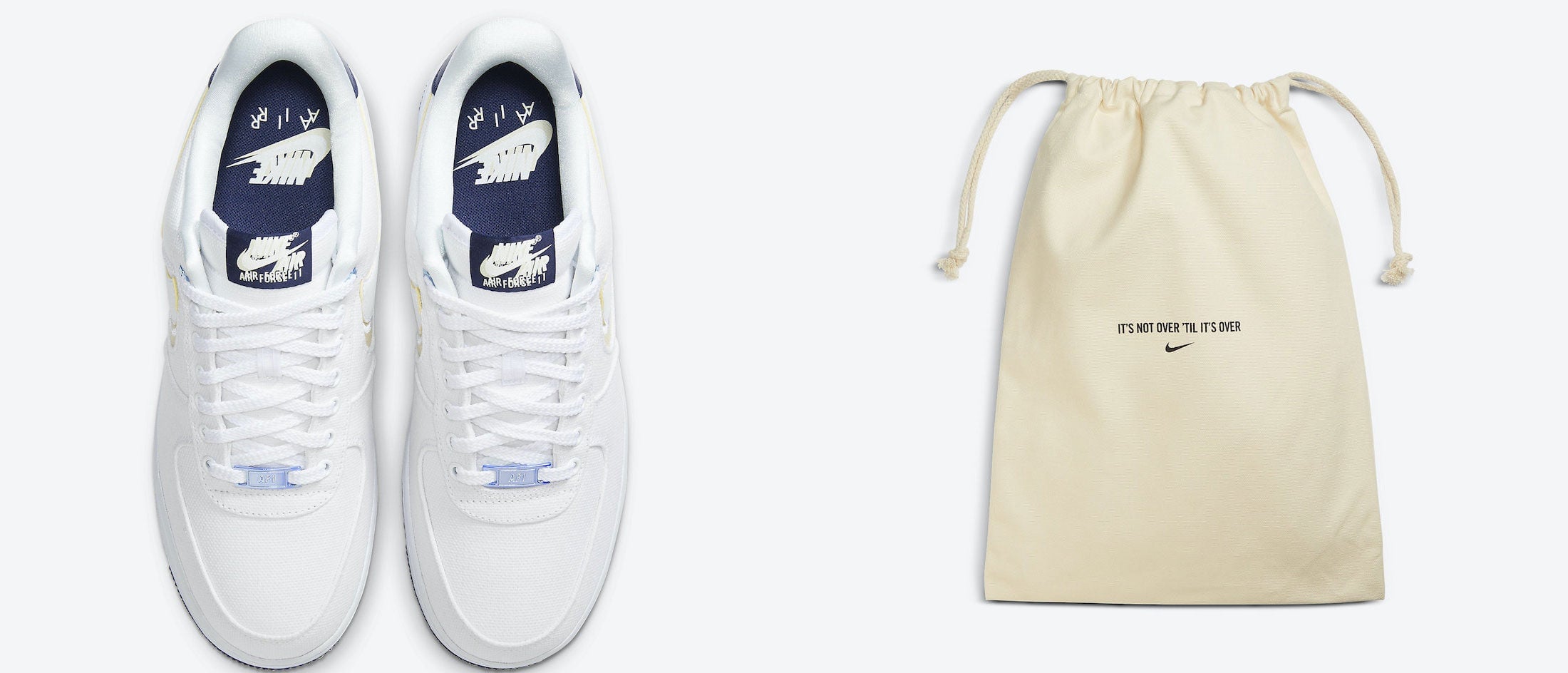 Another view of the sneakers (L), while on the included carry bag you can see the text “IT’S NOT OVER ‘TIL IT’S OVER”