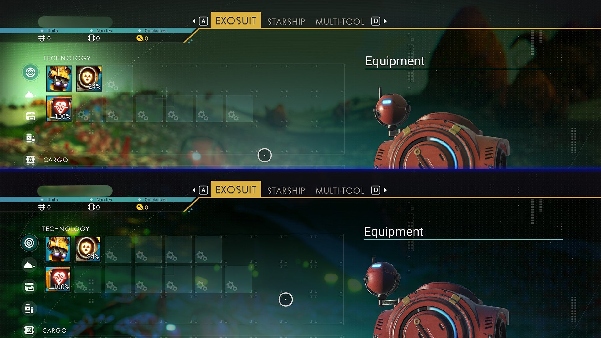 Pictured: Above is the more limited inventory of the current build. Below reveals the expanded slots in the experimental version.