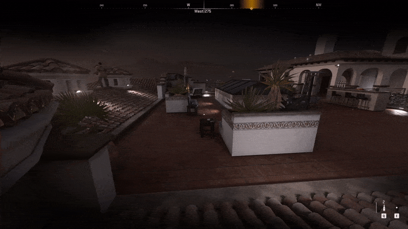 This is one of the more reliable paths to take on the roof. Don’t miss the two bottle throws to help keep the guards busy. One on the left, one on the right. 