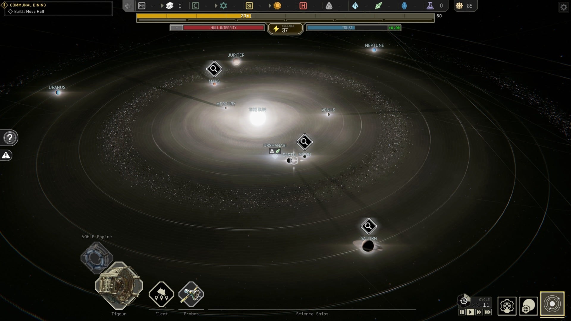 The game’s strategic view is where you manage your fleet of smaller ships, sending them out to gather resources and go on adventures to try and unravel some mysteries
