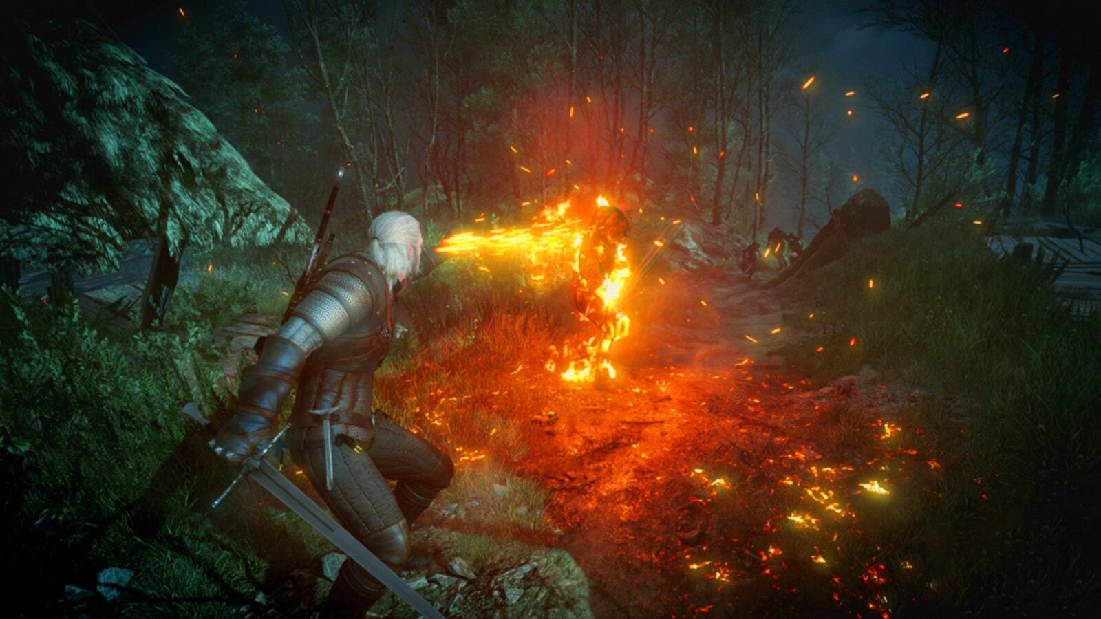 Geralt utiliza o Sinal Igni durante combate em The Witcher 3