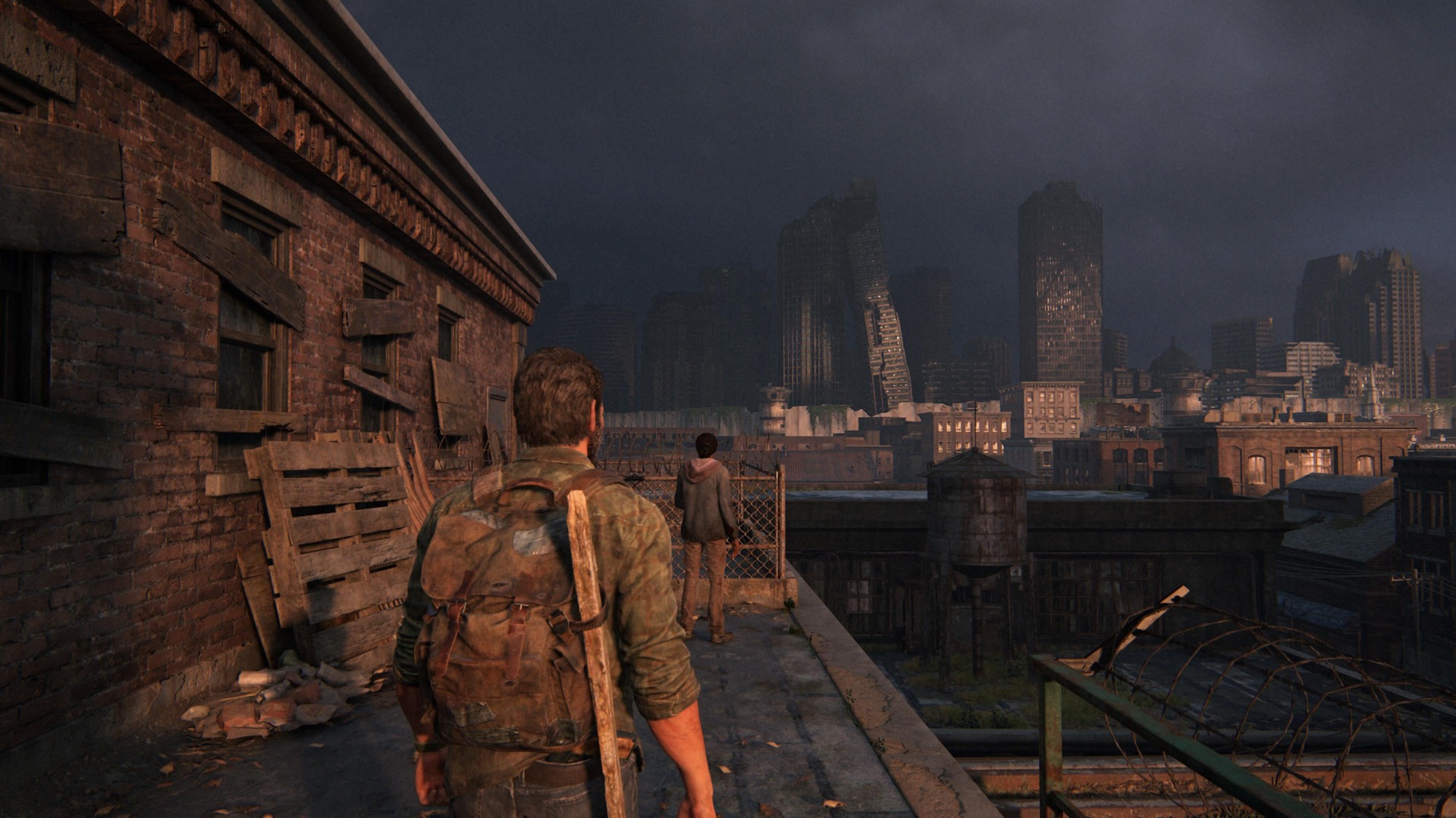 Note the sight of one skyscraper leaning against another in the distance in this image from early in the game.