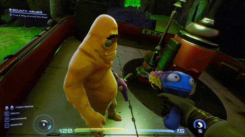 Normally enemies you’d shoot, these two are so busy arguing with one another that you can just steal a warp crystal from them without them ever realizing.