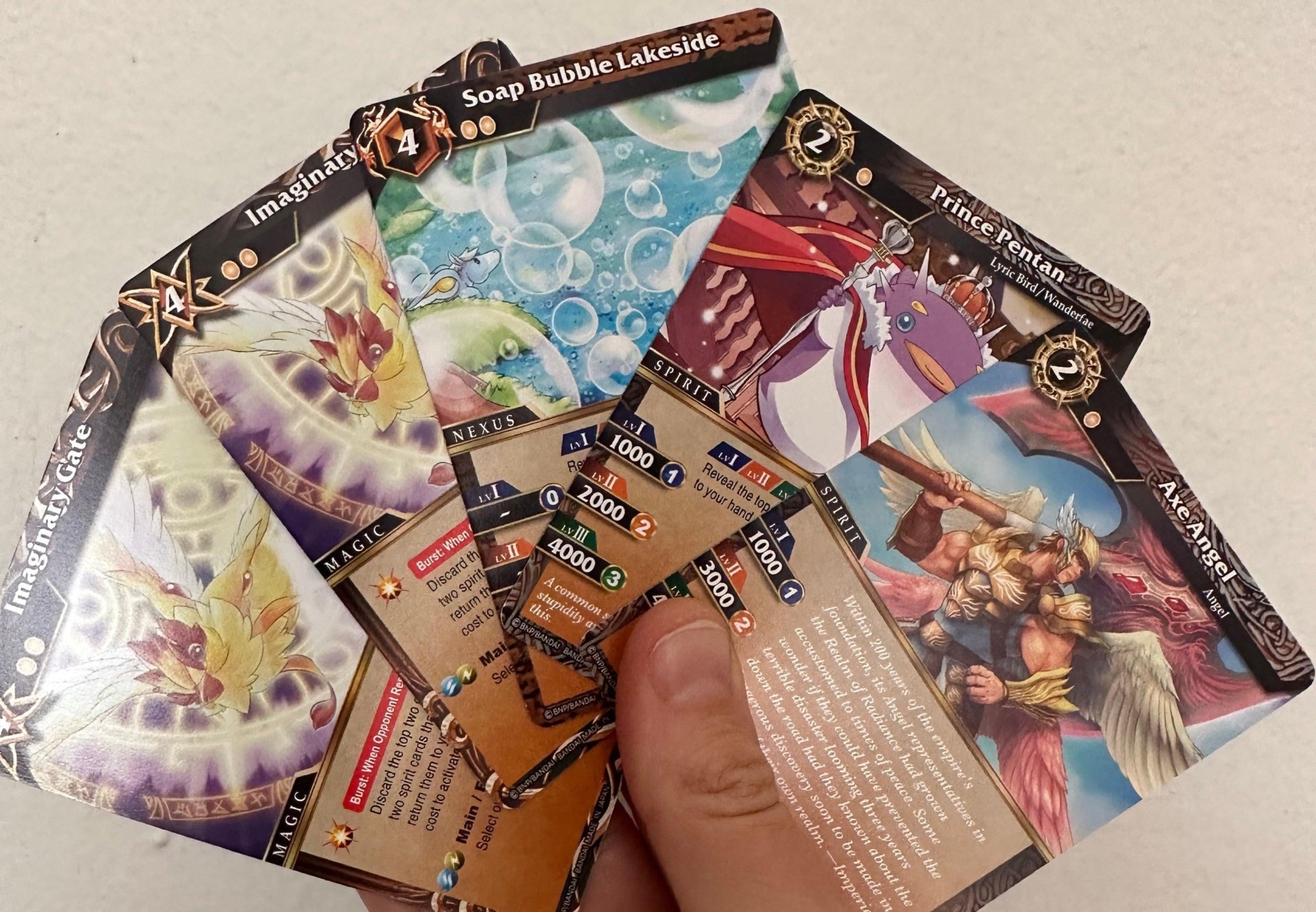My very first TCG hand, featuring cuties and angels from BATTLE SPIRITS SAGA.