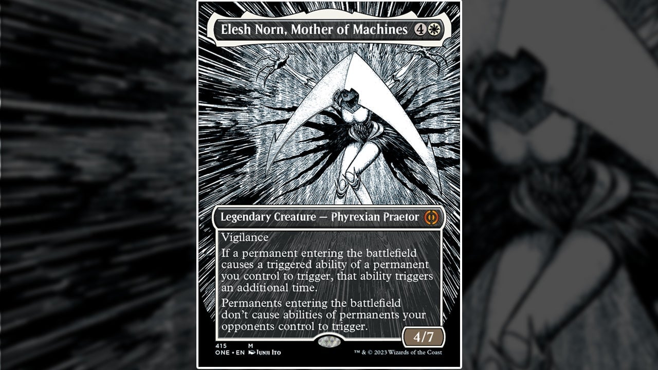 Junji Ito’s design for Magic: The Gathering’s Elesh Norn, Mother of Machines.