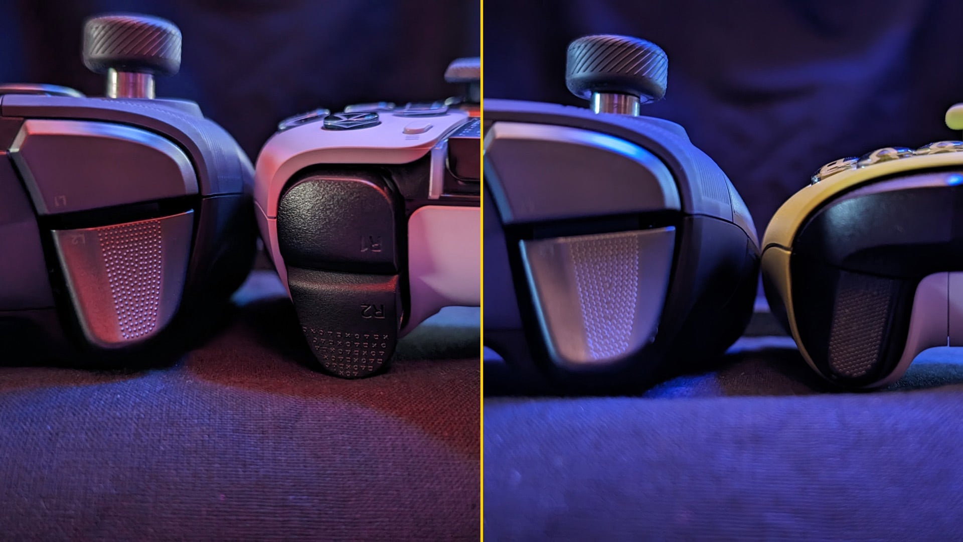Left: Nacon vs DualSense Edge shoulder buttons. Right” Nacon vs Xbox wireless controller shoulder buttons. Note the lack of any curves or concave features to accommodate the shape of your finger.