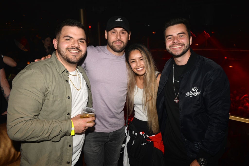 Jack “CouRage” Dunlop, Scooter Braun, Rachell “Valkyrae” Hofstetter and Matthew Haag (R) attend 100 Thieves x Totino’s presents Lil Dicky at Omnia Nightclub on September 26, 2019 in San Diego, California.