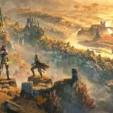 A wanderer looks out at a golden continent.