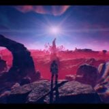 An astronaut stands on a strange planet.