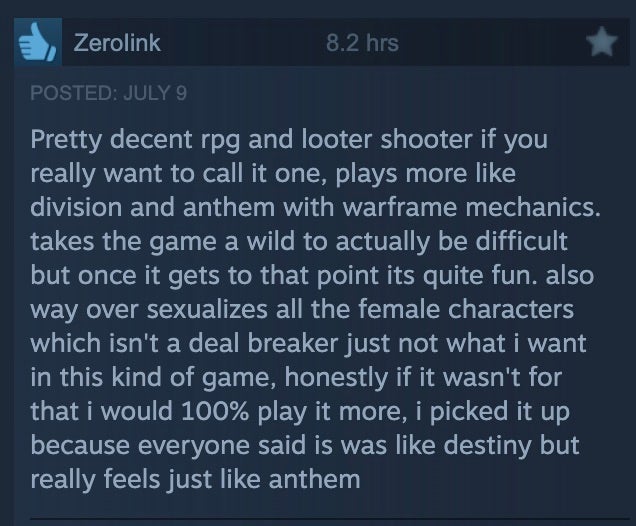 A screenshot of a Steam review of The First Descendant.