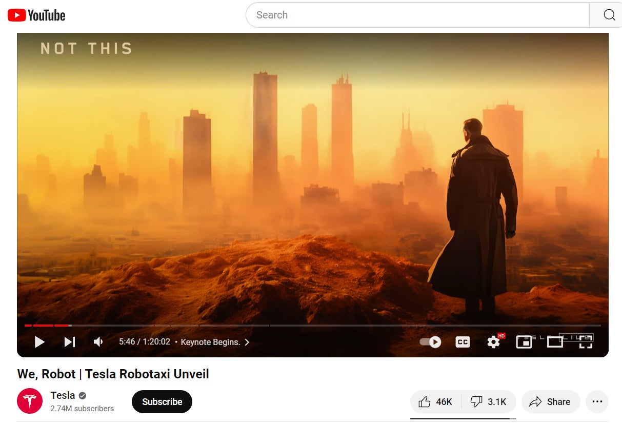 An image flashed on screen at a Tesla event to promote its new Cybercabs. 