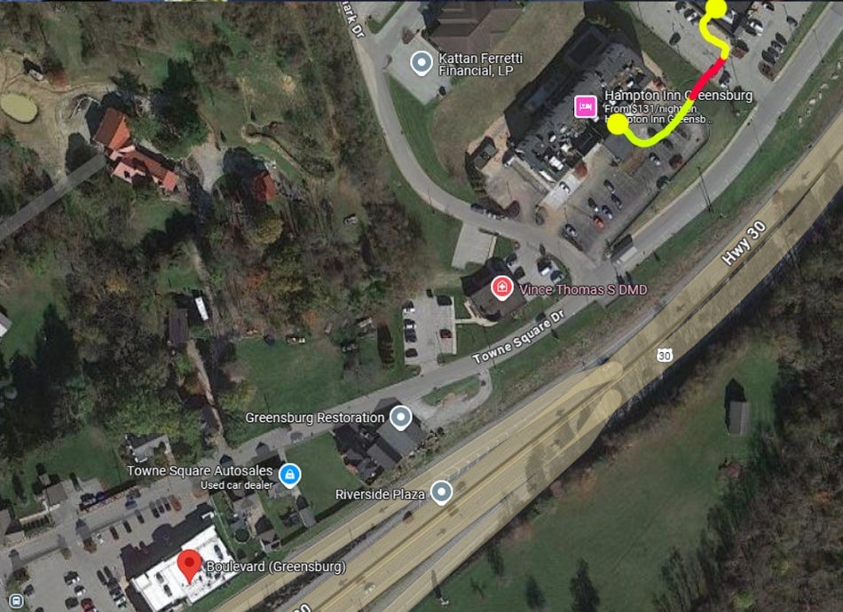 Leno’s path from the hotel to the sports bar located at the bottom of the hill. Red marks the fall. 