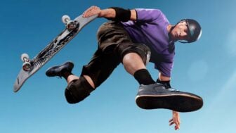 Tony Hawk skates through the air.