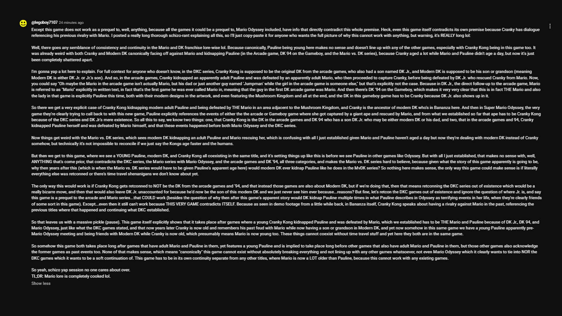 A huge YouTube comment about DK lore. 