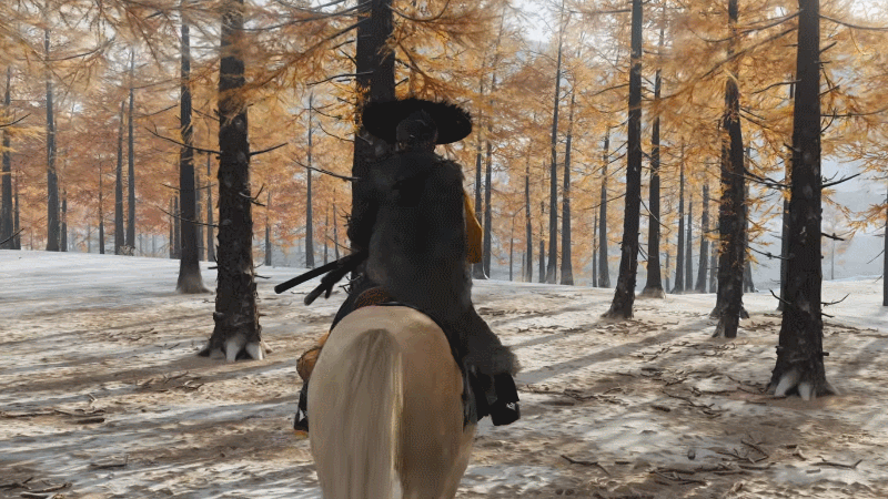 A ronin rides her horse into the woods.