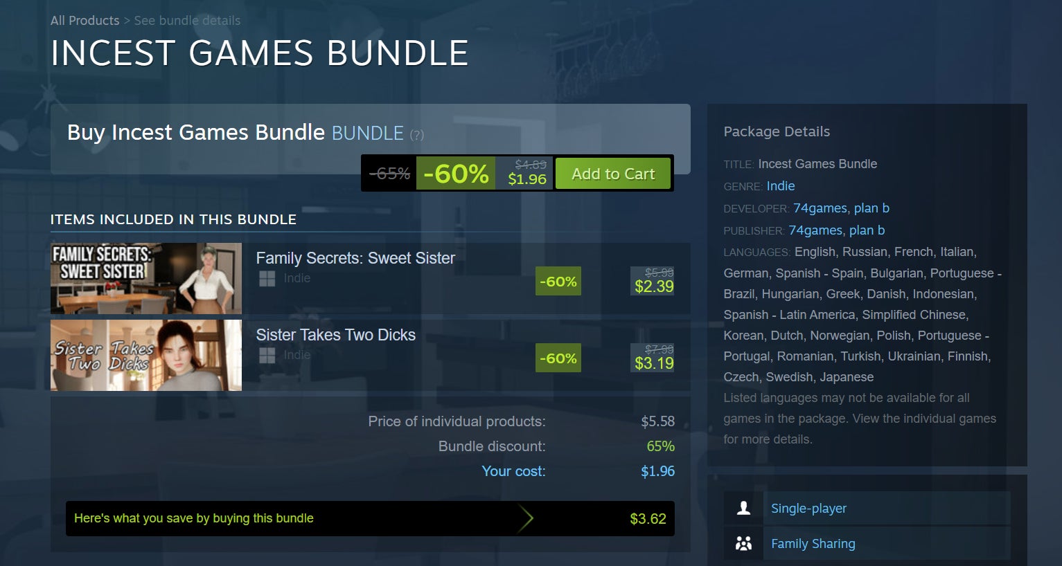 Valve is still hosting this incest games bundle, making it unclear what sex games are fine and which ones it deems to offensive for payment processors.