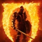 A knight comes out of a red portal.