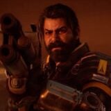 Saros' main character points a gun at something off-screen