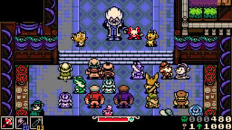 Pixel sprite characters talk in a mansion.