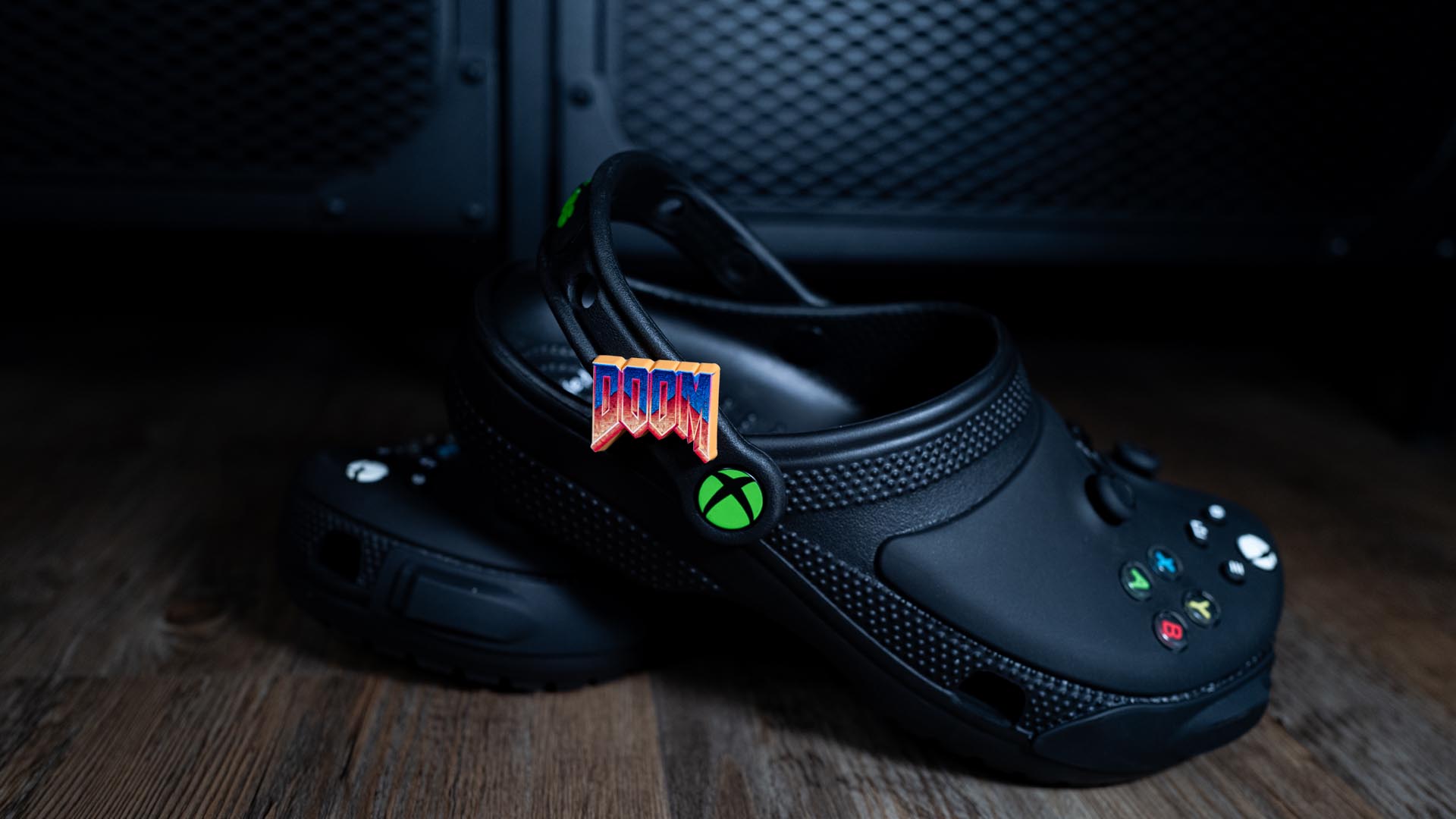 A Doom logo is adorned on Crocs.