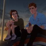 Robert and Blazer sit on top of a car hood drinking beers.