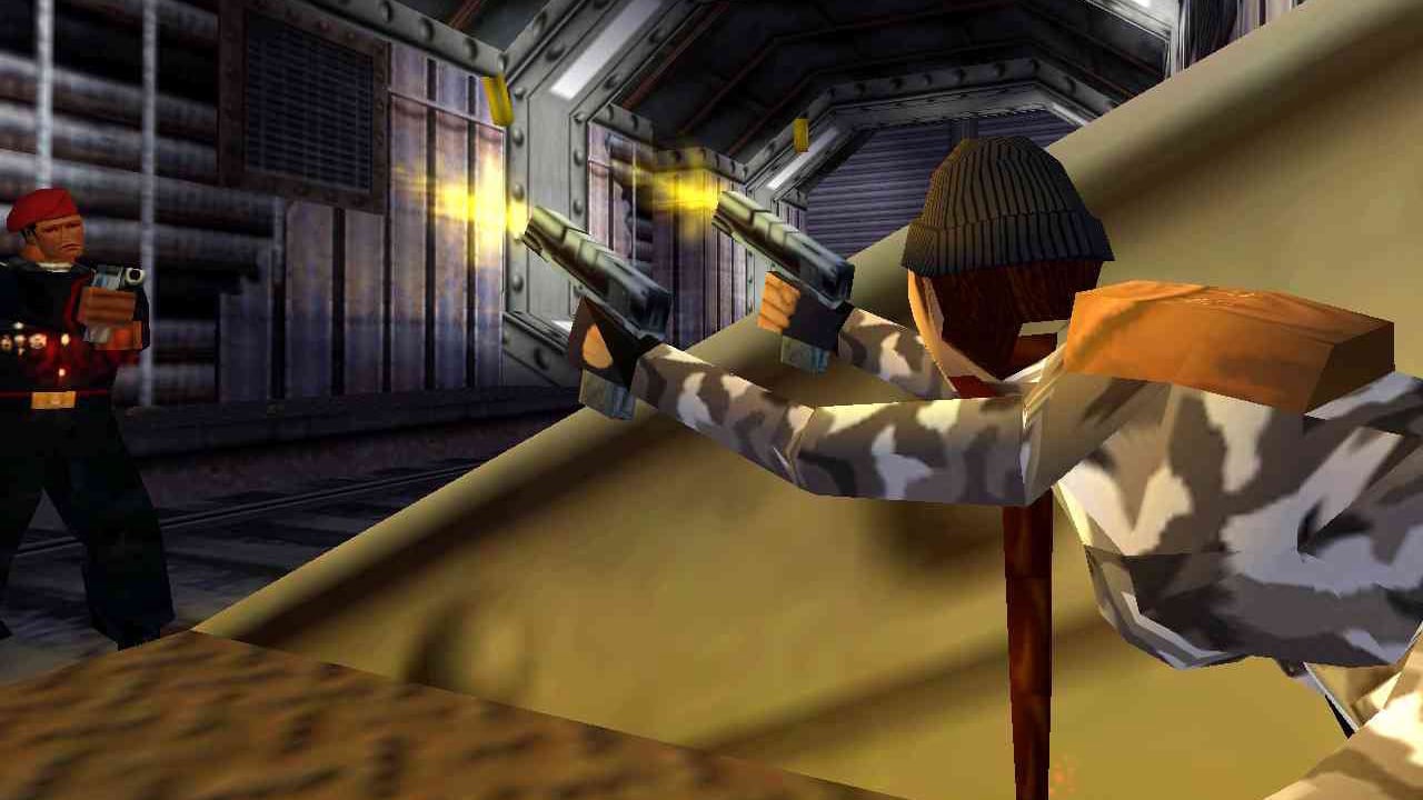 Lara leaps while firing guns.