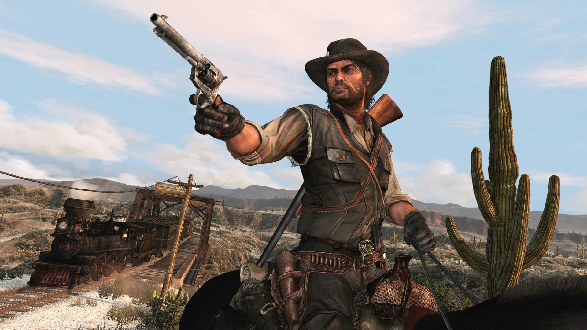 The protagonist of Red Dead Redemption wields a revolver while riding on a horse.