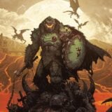 Doom Slayer appears a top a pile of capitalists bones.