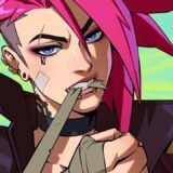A pink-haired woman bandages her arm.