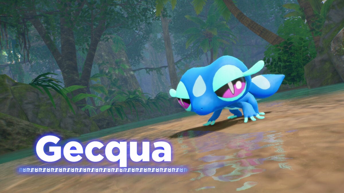 Imagen del Pokémon "Gecqua", el cual representa un gecko de agua. Su color es azul con ojos púrpura.