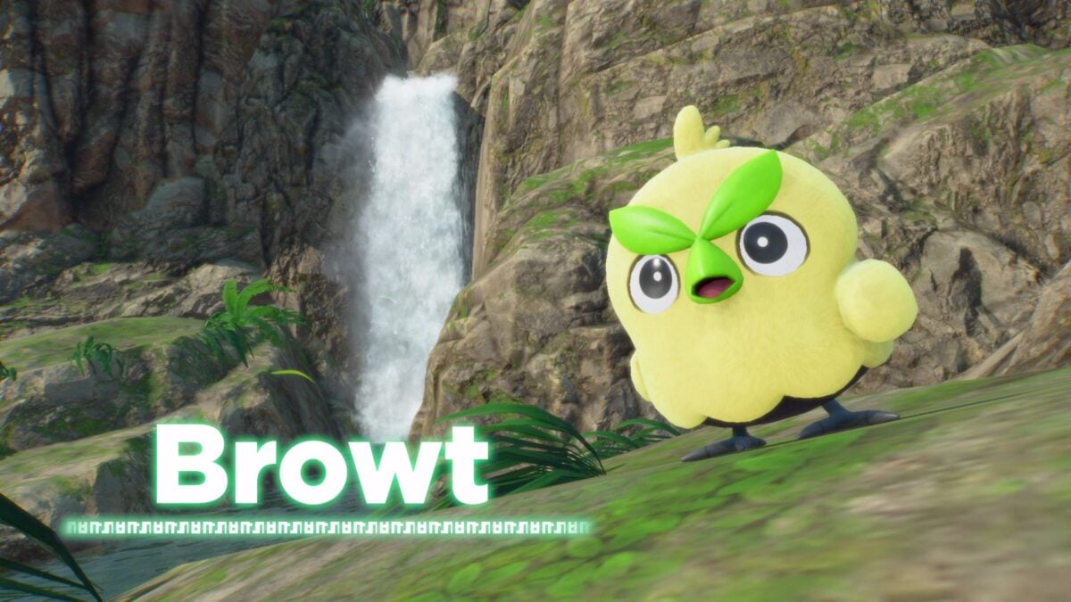 Imagen del Pokémon "Browt", el cual representa un búho de tipo planta. Su color es verde con grandes ojos y un par de cejas con forma de hojas..