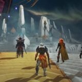 Guardians look out over a distant raid fortress.