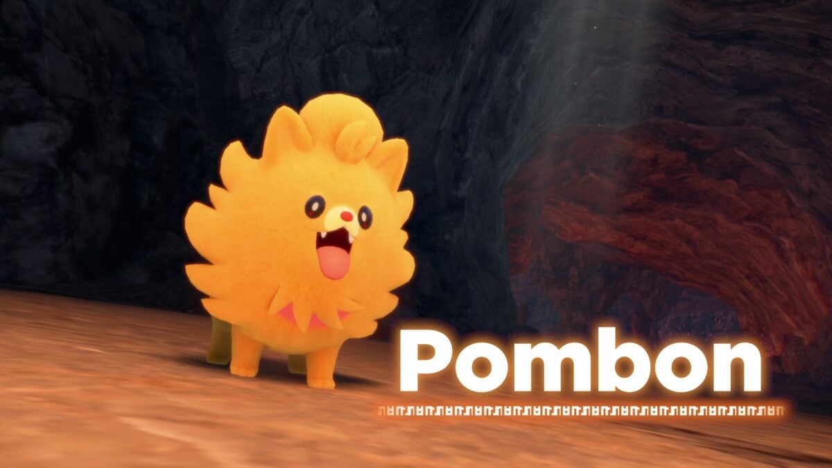 Imagen del Pokémon "Pombon", el cual representa un perrito de raza Pomerania de fuego. Su color es naranjo con una melena.